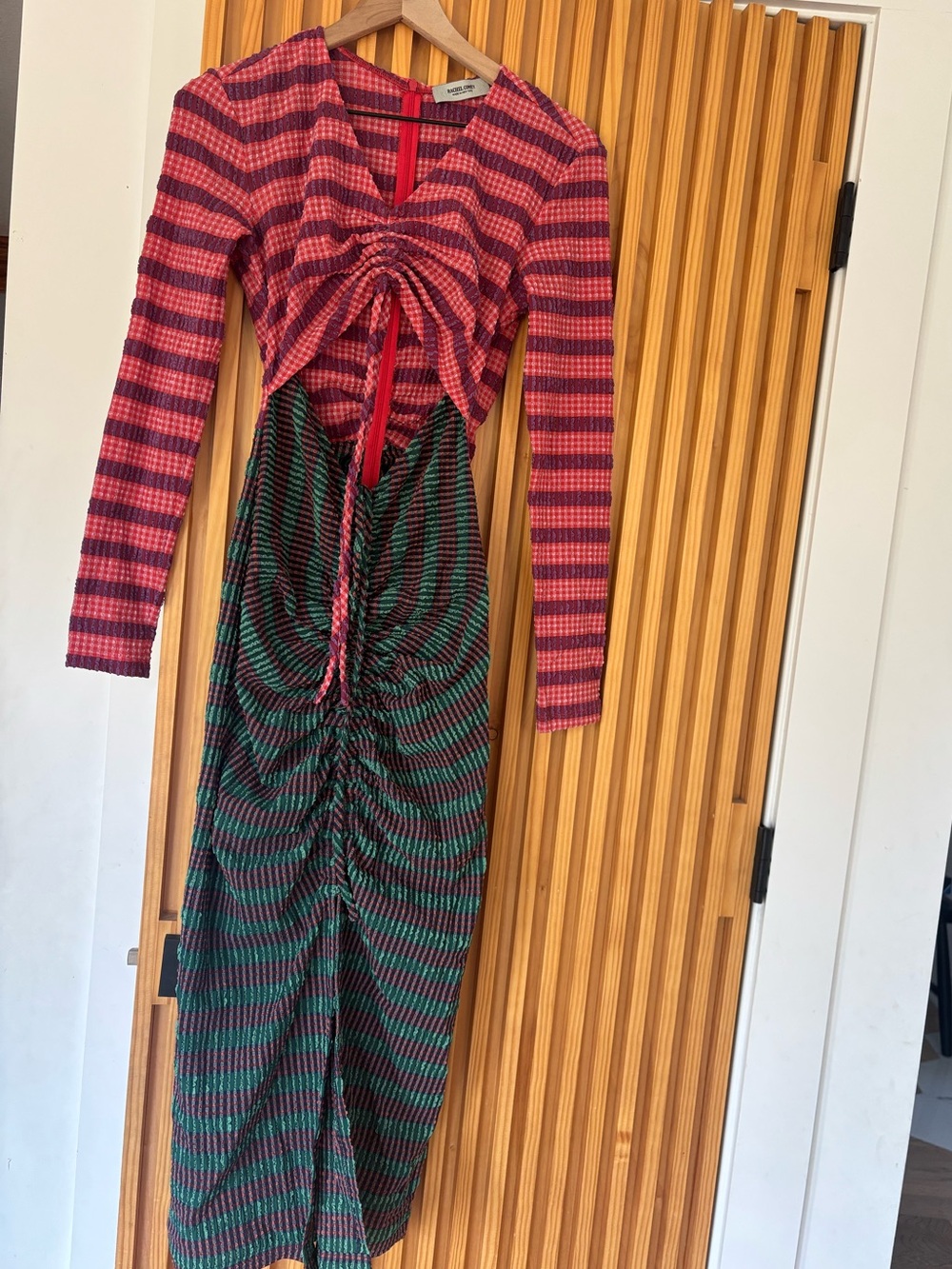 Rachel Comey Striped Ruched Long Sleeve Colorblock Midi Dress - Pink & Green